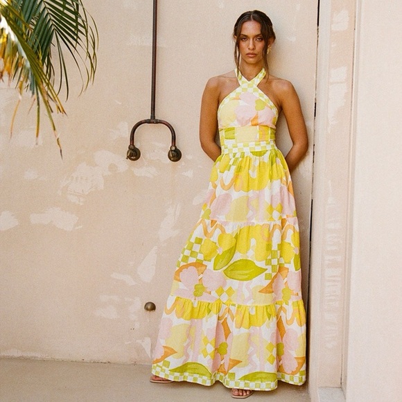 SABO True Dress Checker Floral Print Bright Yellow Linen Cotton Maxi Dress - Picture 2 of 16